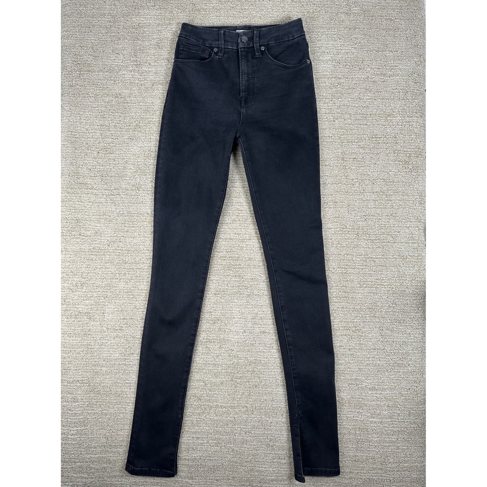 Good American Good Waist Skinny Jeans Black High Rise Split Hem Size 0/25